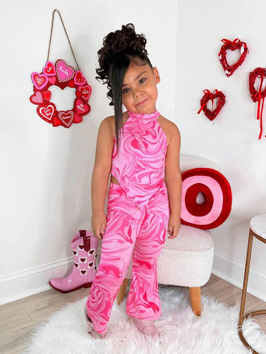 Young Girls' Casual Sleeveless All-Over Print Summer Fashion Pink Tank Top Set - Pink - View 1