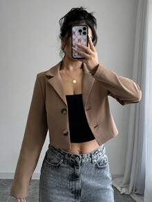 SHEIN PETITE 女士优雅卡其色缺角领单排扣长袖修身短款西装外套，春秋季