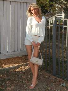 Sydney Algeri 扇贝边饰前系带荷叶边毛衣、长袖上衣、秋冬针织毛衣 - 米色 - 查看 1