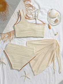 女士三件套泳衣：吊带上衣、短裤和围裙，米色，撞色滚边，纹理面料 - 米色 - 查看 2