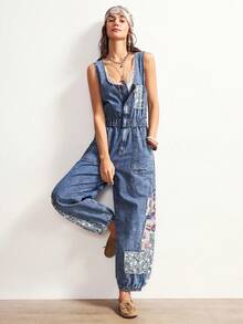 Bohemela 波西米亚风休闲度假风拼接U领破洞牛仔连体裤，女士春夏款 - 藍色 - 查看 6