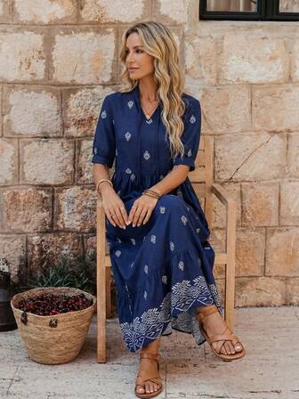 EMERY ROSE Women's Geometric Print Dress, Casual Holiday Style Mediterranean Style Clothes Modest Summer Dresses Women Vacation Dress Long Casual Dress Boho Summer Dress Women