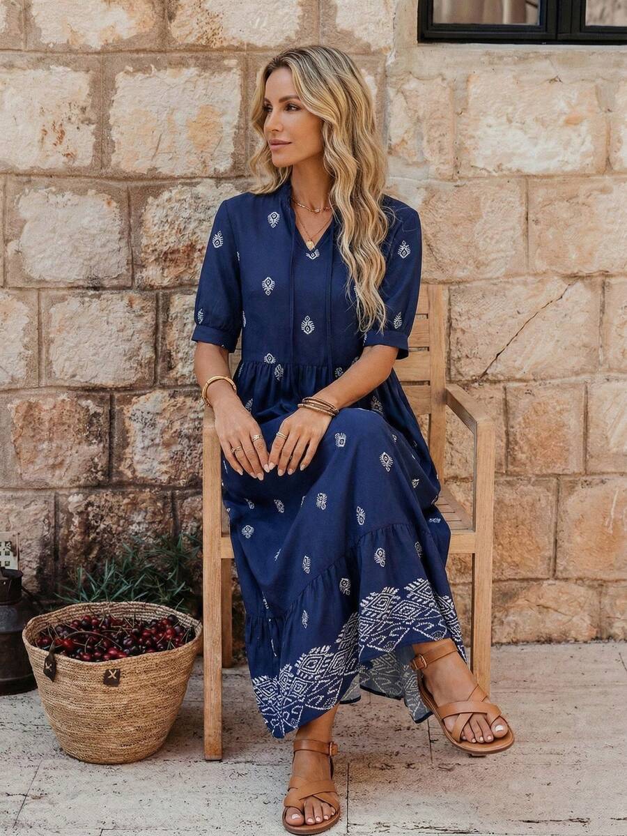 EMERY ROSE 女士几何印花连衣裙，休闲假日风 - 藍色 - 查看 1