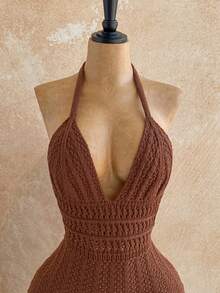 Soleia Macacão Feminino de Tricô Degradê com Decote em V Profundo e Costas Abertas, Sexy e Fashion, Adequado para Festa, Encontro, Chá da Tarde, Férias Boho, Praia - Café - Visão 4