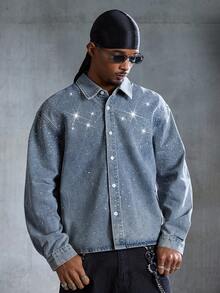 ROMWE MEN Street Life Men's Rhinestone Embellished Long Sleeve Denim Shirt - Blue - View 5