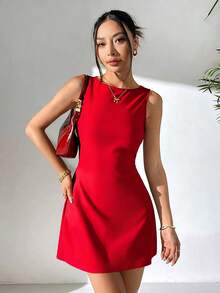 SHEIN EZwear 红色无袖露背编织连衣裙（女款） - 紅色 - 查看 6