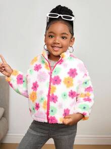 SHEIN 10 件彩色花卉针织仿毛领宽松休闲夹克，适合年轻女孩，秋冬，颜色：黑色、蓝色、绿色、蓝色、红色、粉色 - 玫紅色 - 查看 5