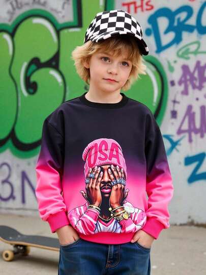 1件装 时尚渐变色拼接人像图案圆领长袖休闲套头卫衣，秋冬轻薄款