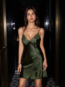 SilkySpell 女士优雅性感蕾丝拼接吊带睡袍睡衣套装 - 軍綠色 - 查看 8