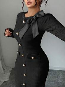 Elenzga 大码女式长袖圆领针织纹理修身鱼尾裙摆仿珍珠纽扣蝴蝶结优雅法式风格百搭通勤约会淑女长裙 - 黑色 - 查看 4