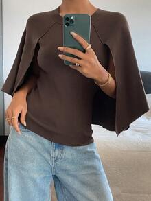 Livesso Women's Casual Loose Poncho Style Knit Sweater, Elegant Office/Commute Wear, Brown, Autumn/Spring - Brown - View 4