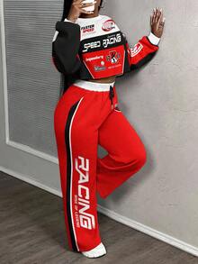 Slaydiva Conjunto de 2 piezas de estilo callejero talla grande, sudadera y pantalones con estampado de carreras, conjunto de estilo universitario para otoño/invierno - Multicolor - Ver 3