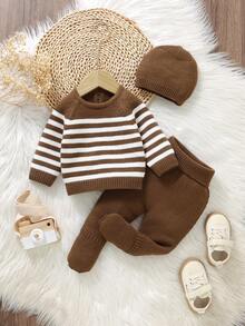 SHEIN 3pcs Newborn Baby Striped Sweater Set, Casual Pullover Sweater, Simple Leggings, And Hat - Coffee Brown - View 3