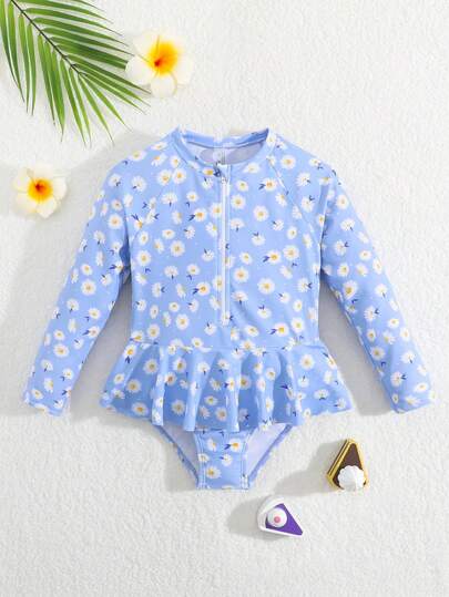 Sparklyn 1 pieza Traje de baño de una sola pieza para niñas, traje de baño azul cielo, traje de baño de una pieza para niñas con falda, blusón de manga larga con estampado de margaritas, traje de baño de manga larga, vestido de baño, conjunto de ropa de baño para niñas con blusón