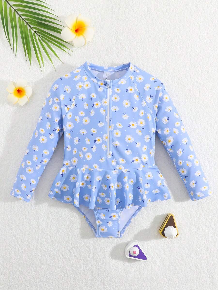 1pc Girls' One-Piece Swimsuit,Long Sleeve Rash Guard Daisy Print Bathing Suit With Skirt,Sky Blue Swimwear Set,Summer,Beach,Holiday Outfit For Girls - Blue and White - View 1