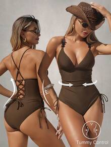 Shapewave 女士纯色吊带串珠装饰交叉露背抽绳腰身连体泳衣，优雅时尚，适合海滩度假 - 棕色 - 查看 1