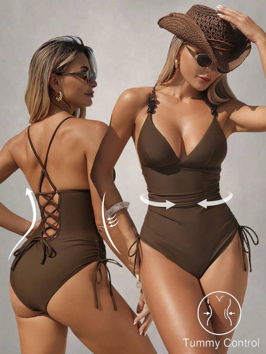 Shapewave 女士纯色吊带串珠装饰交叉露背抽绳腰身连体泳衣，优雅时尚，适合海滩度假 - 棕色 - 查看 1