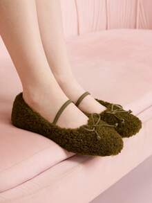 CUCCOO DOLLMOD Women's Casual Versatile Commuting Fuzzy Bow Decor Flats, Autumn/Winter For Christmas - Army Green - View 5