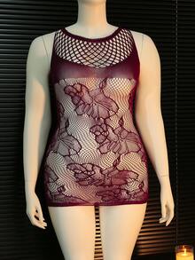 Plus Size Women's Sheer Sexy Lingerie Mesh Dress (For Music Festival) - Burgundy - View 1