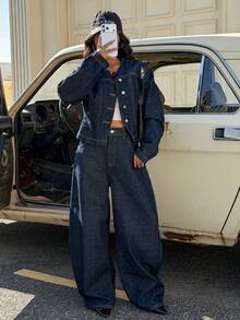 Muchica 女士时尚纯色低腰口袋宽松牛仔裤 - 藏蓝色 - 查看 3