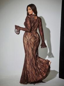Viva Relle Plus Size Lace Patchwork Long Sleeve Elegant Dress - Coffee Brown - View 2