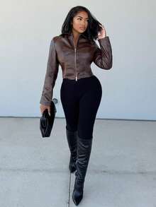 Alexandranx Street Style Reversible Zip-Up Leather Jacket,Leather Jacket,Zipper,Fall,Winter,Brown,,Fall Clothes For Women,Cropped Jacket,Punk,Streetwear - Brown - View 1