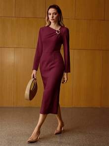 MOTF PREMIUM WOMEN'S ELEGANT COMMUTER METAL BUCKLE MIDI DRESS - Burgundy - View 1