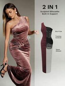 Nuvra 女士无袖双层塑身连衣裙，带衬里，收腹提臀，长款紧身连衣裙 - 咖啡 - 查看 1