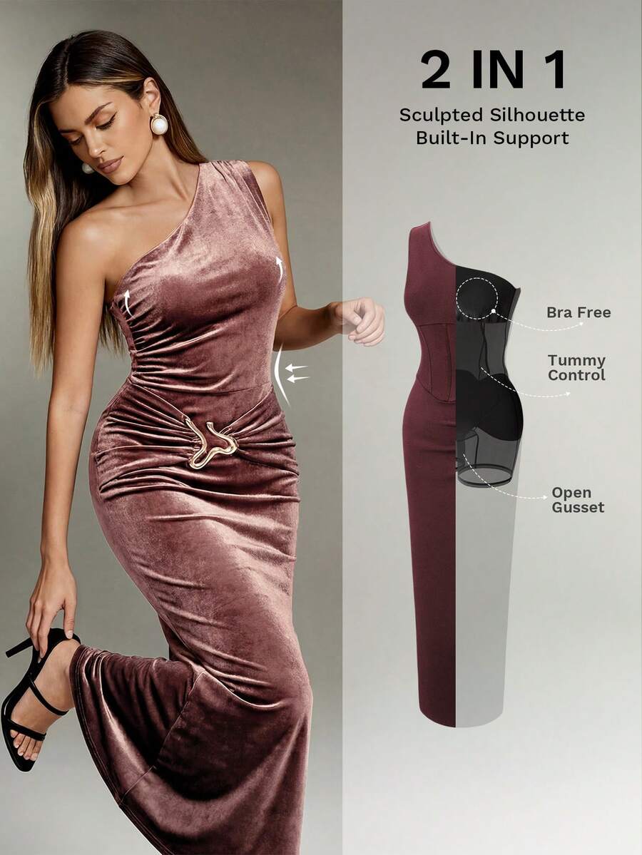Nuvra 女士无袖双层塑身连衣裙，带衬里，收腹提臀，长款紧身连衣裙 - 咖啡 - 查看 1