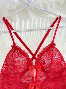 Women's Sexy Heart Lace Ruffle Crotchless Bodysuits - Red - View 3