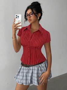 Aloruh 女士红色条纹优雅翻领短袖收腰衬衫，通勤、日常穿着皆宜，春夏皆宜 - 紅色 - 查看 6