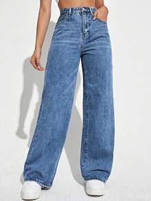 SHEIN ICON 女士口袋宽松阔腿休闲百搭牛仔裤 - 中等水洗藍 - 查看 6