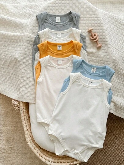 SHEIN 6pcs/Set Newborn Unisex Baby Solid Color Knitted Sleeveless Bodysuit Set Unisex Baby Clothes Baby Neutral Clothes Baby Summer Clothes Bodysuit