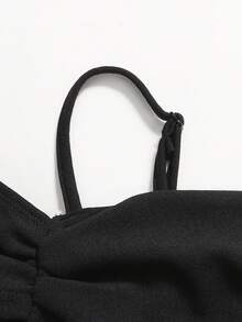 SHEIN 少女优雅露肩收腰A字丝绒连衣裙 - 黑色 - 查看 5