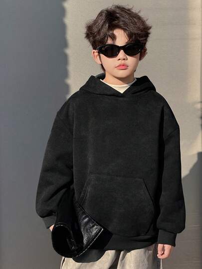 DAZY Tween Boy Casual Solid Color Thermal Lined Sweatshirt, Basic Style For Students, Cool Autumn