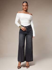 Silquee Women's Solid Color Off-Shoulder Ruched Fashionable Versatile Vacation Party Long Sleeve Bodysuit White Tops Women Off Shoulder Tee White Off Shoulder Top Off The Shoulder Top - White - View 3