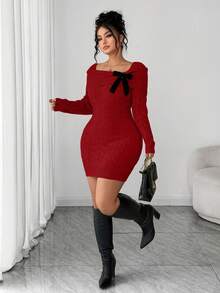 SHEIN Elenzya 大码女式纯色露肩扭结针织毛衣连衣裙 - 紅色 - 查看 5