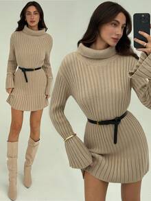Aloruh Vestido Curto Tricotado Minimalista e Elegante com Gola Alta, Manga Longa, Recortes e Costelas para Mulheres, Outono/Inverno - Damasco - Visão 3