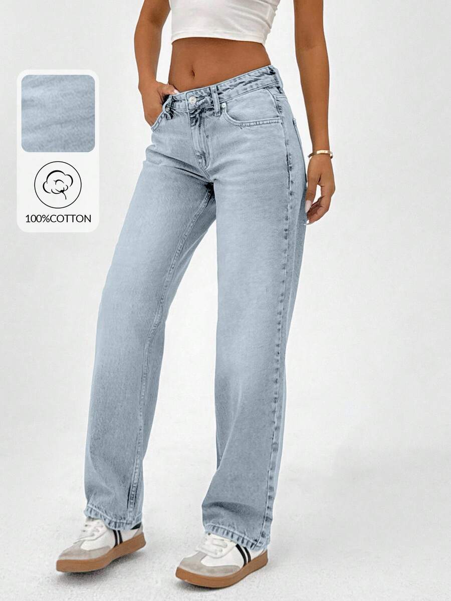 CasuGlow 100% Cotton LOW RISE STRAIGHT FIT VINTAGE WASH Y2K STYLE JEAN - Baby Blue - View 1