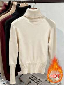 Franclia European Style All-Match Turtleneck Thick Velvet Slim Fit Warm Long Sleeve Knit Sweater, Versatile For Autumn/Winter Knit Pullover Fall Outfit