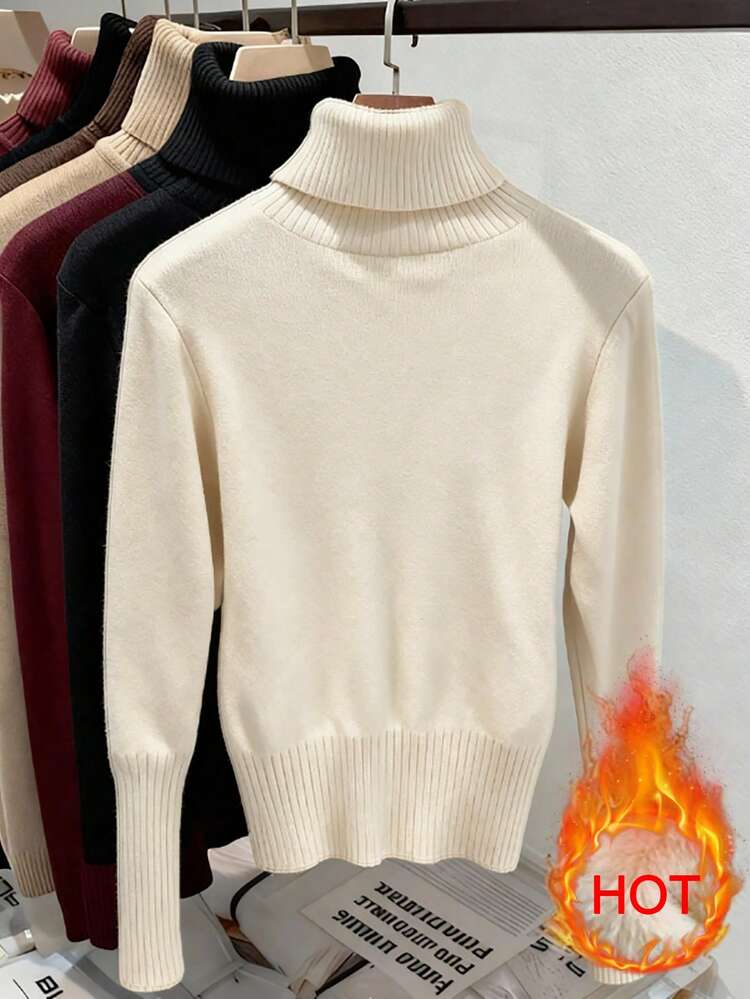 Franclia Suéter de Tricô de Manga Longa Quente, Ajuste Slim, Gola Alta em Veludo Grosso, Estilo Europeu Versátil para Outono/Inverno - Bege - Visão 2