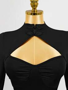Mistrie Chinese Style Button Hollow Out Fitted Women Top - Black - View 6