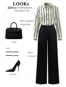 Franclia 女士条纹翻领单排扣长袖衬衫和阔腿裤通勤套装 - 杏色 - 查看 3