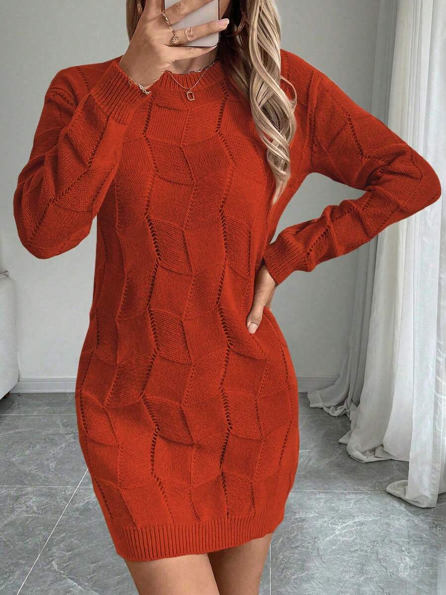 EMERY ROSE Đầm len dệt kim tay dài cổ tròn trễ vai rộng rãi cho nữ, mùa thu/đông - trái cam - Xem 1