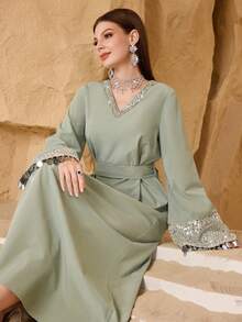Al Najma Women's New Fashionable Elegant Luxurious Sequin Mesh Sleeve Sequin Ribbon Splice Lace Collar Embroidered Waistband Slimming Long Arabic Dress - Green - View 7