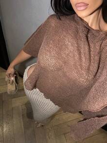 Shopreo Nuovo e alla moda scialle multifunzione in maglia jacquard color albicocca, con scollo a barchetta, collo a scialle, stile vacanziero, leggero e versatile - Caffè Marrone - Visualizzare 4