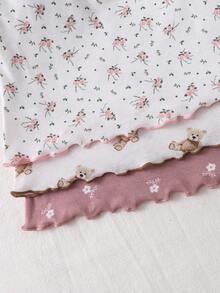 SHEIN LMoss Kids 6pcs/Set Piyama Rajut Kasual Nyaman Motif Beruang Kartun Lucu & Bunga dengan Hiasan Ruffle dan Kerah Bulat, Lengan Pendek, dan Celana Panjang untuk Anak Perempuan - MultiWarna - View 7