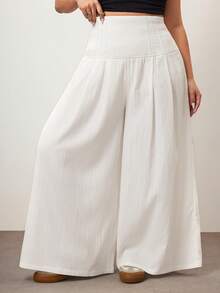 Hourglow Plus Size Casual Solid Color Textured High Waist Loose Pants/2026 /New Year - White - View 4