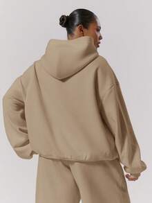 MUSERA Plus Size Fleece Hooded Sweatshirt , Winter, Back To School, Cute, Everyday, Casual, Coffee Club Curve Spring - Khaki - View 4