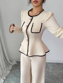 Elenzga 秋冬新款长袖粗花呢圆领收腰A字优雅通勤百搭衬衫裤两件套 - 杏色 - 查看 7